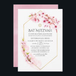 Convite Bat Mitzvah, uma flor de cereja rosa geométrica<br><div class="desc">O convite do primavera mitzvah floral cor d'água cor rosa apresenta sakura blossom com quadro geométrico dourado personalizável de acordo com as especificações do seu evento.</div>