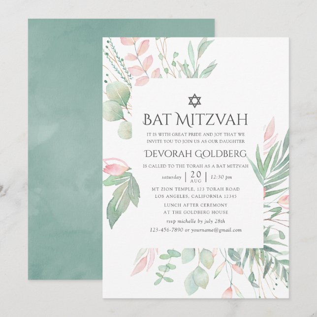 Convite Bat Mitzvah Verde Pastel Rosa (Frente/Verso)