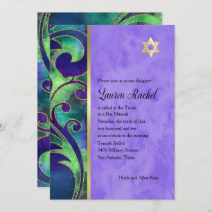Convite Bat Mitzvah Verde Roxo Cor das Águas Douradas