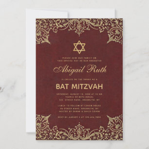 Convite Bat Mitzvah Vintage Elegante Vermelho Borgonha Dou