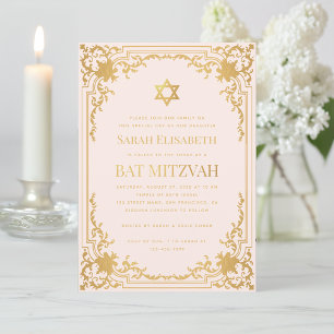 Convite Bat Mitzvah Vintage Rosa Estrela de Ouro Falso Rel