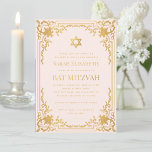 Convite Bat Mitzvah Vintage, Rosa Falso, Religião Dourada<br><div class="desc">Este elegante convite mitzvah, cor-de-rosa e dourado, com ar vintage, tem um quadro de ornamentado falso de folha de ouro com decorações elegantes de ouro barroco, num fundo cor-de-rosa pincelado. Acima do texto há uma estrela de David em folha de ouro falso. Exceto a ocasião "Bat Mitzvah", que também está...</div>