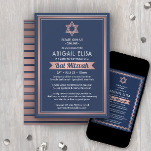 Convite Bat Mitzvah Virtual Zoom Azul Marinho Rosa Dourado