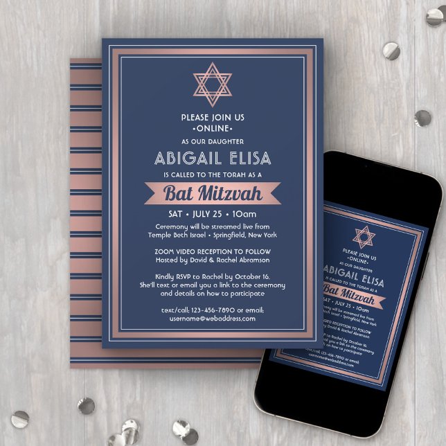 Convite Bat Mitzvah Virtual Zoom Azul Marinho Rosa Dourado (Criador carregado)