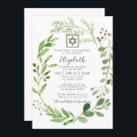 Convite Bat Mitzvah Watercolor - Estrela da Folhagem Verde<br><div class="desc">Design é composto por uma delicada folha verde de cor aquosa com uma estrela simples de David sobre um simples fundo branco.
 . 

Disponível aqui:http://www.zazzle.com/store/selectpartysupplies</div>