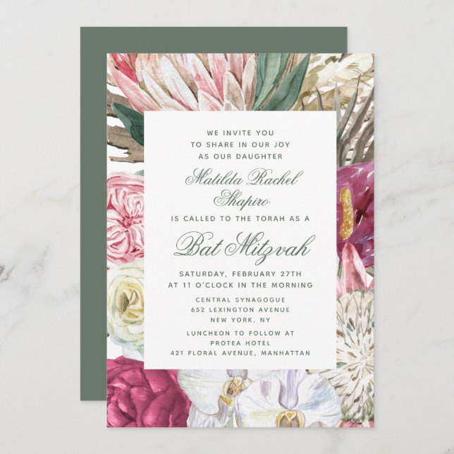 Convite Bat Mitzvah Watercolor Floral (Frente/Verso)