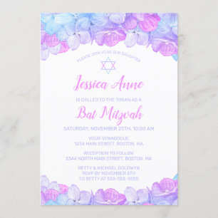 Convite Bat Mitzvah Watercolor Floral Cor Azul Hidrangea