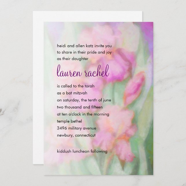 Convite Bat Mitzvah Watercolor Irises Rosa (Frente/Verso)