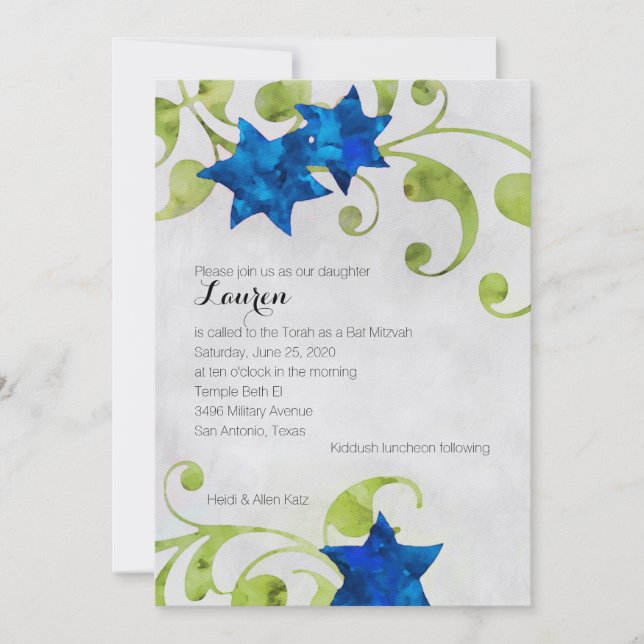 Convite Bat Mitzvah Watercolor Star Design Azul (Frente)