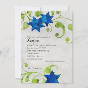 Convite Bat Mitzvah Watercolor Star Design Azul
