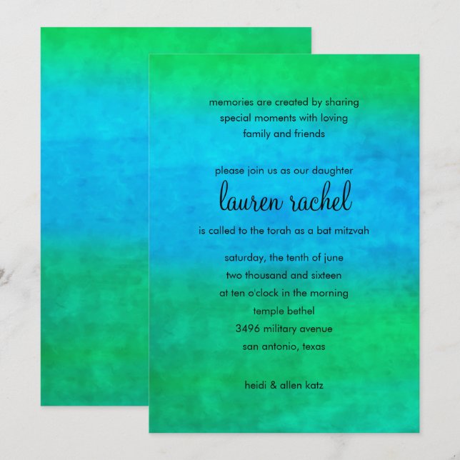 Convite Bat Mitzvah Watercolor Streaks (Frente/Verso)