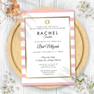 Convite Bat Mitzvah White Stripe Rosa Dourada Estrela de D