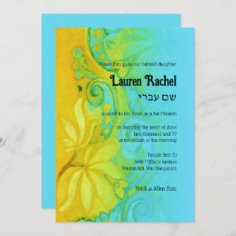 Convite Bat Mitzvah Yellow Turquoise Blue Bohemian Floral