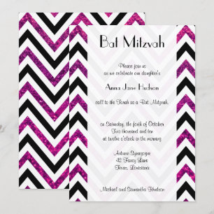 Convite Bat Mitzvah - Zigzag, Chevron, Glitter - Rosa