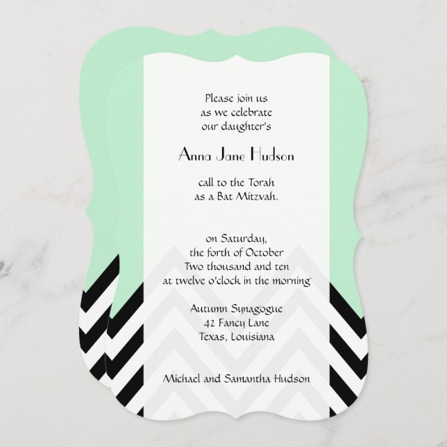 Convite Bat Mitzvah - Zigzag, Chevron - Mint Green, Preto (Frente/Verso)