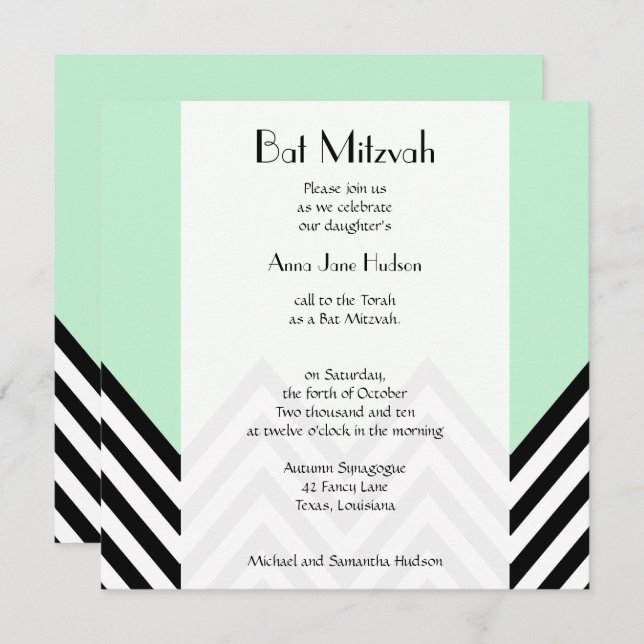 Convite Bat Mitzvah - Zigzag, Chevron - Mint Green, Preto (Frente/Verso)