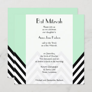 Convite Bat Mitzvah - Zigzag, Chevron - Mint Green, Preto