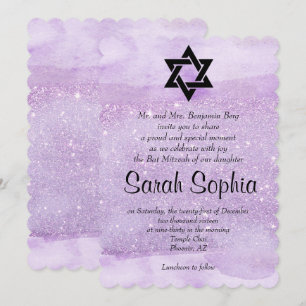 Convite Bat Roxo Mitzvah, Watercolor, Violet, Glitter