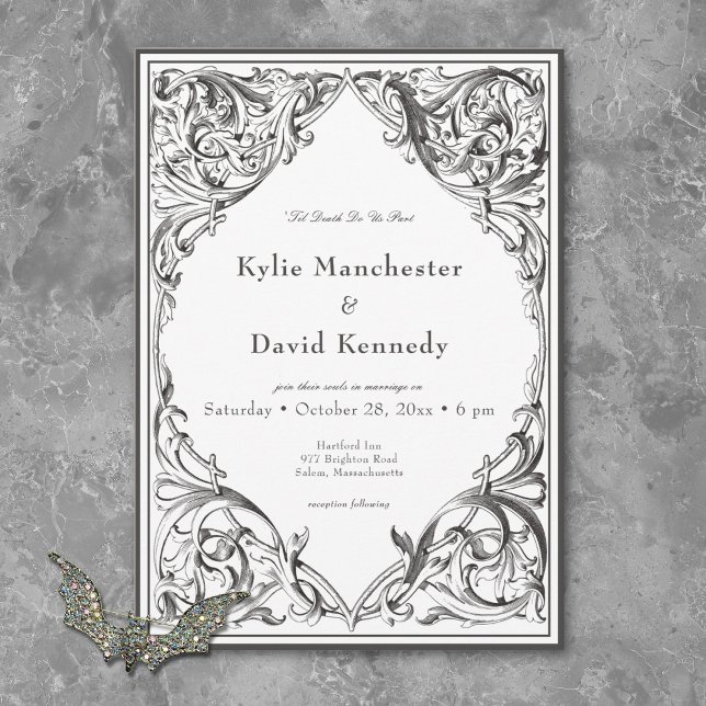 Convite Bat Vitoriano até Casamento Negro e Branco da Mort (Victorian Bat Until Death Black & White Wedding Invitation)