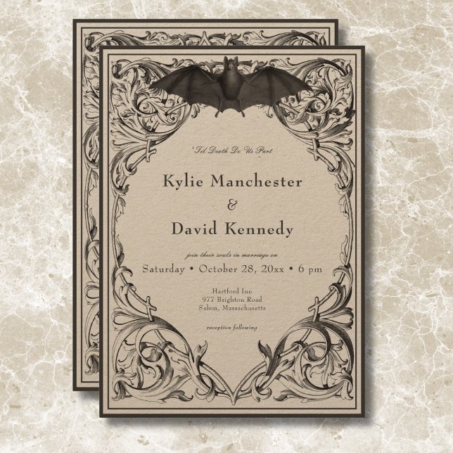 Convite Bat Vitoriano Até Casamento Negro e Tan Mortal (Victorian Bat Until Death Black & Tan Wedding Invitation)
