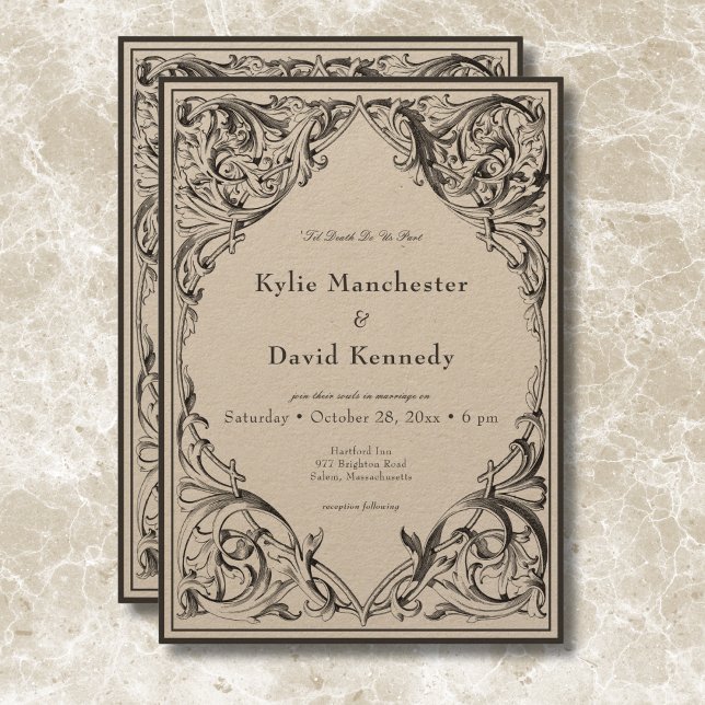 Convite Bat Vitoriano Até Casamento Negro e Tan Mortal (Victorian Bat Until Death Black & Tan Wedding Invitation)