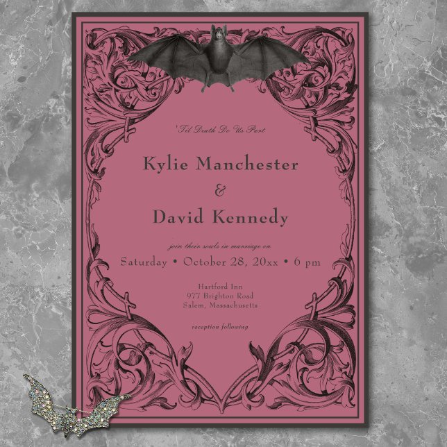 Convite Bat Vitoriano Até Casamento Negro e Vinho da Morte (Victorian Bat Until Death Black & Wine Wedding Invitation)