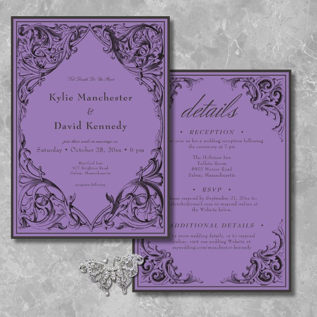 Convite Bat Vitoriano Até Morte Preto e Púrpura Dois Lados (Victorian Bat Until Death Black & Purple Two Sided Invitation)