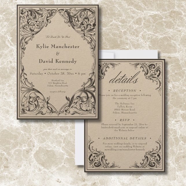 Convite Bat Vitoriano Até Negro Mortal e Bronzeado Dois La (Victorian Bat Until Death Black & Tan Two Sided Invitation)