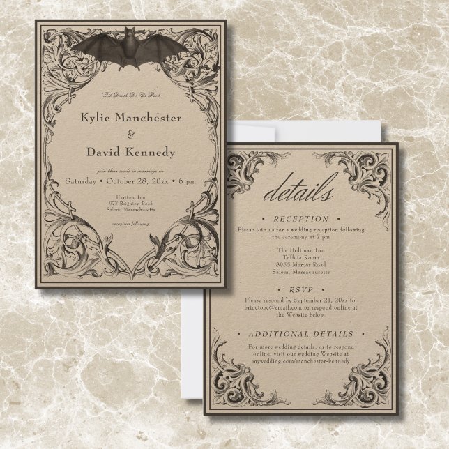 Convite Bat Vitoriano Até Negro Mortal e Bronzeado Dois La (Victorian Bat Until Death Black & Tan Two Sided Invitation)