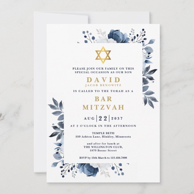 Convite Batalha Bar Mitzvah Botânica Floral Azul Marinho (Frente)