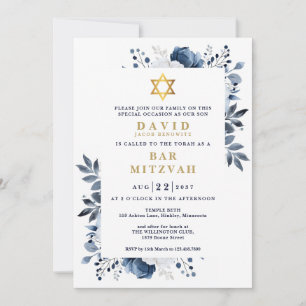Convite Batalha Bar Mitzvah Botânica Floral Azul Marinho