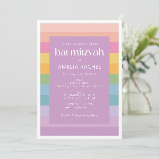 Convite Batalha de Bat Mitzvah Roxa Arco-íris de Listras P (Em pé/Frente)