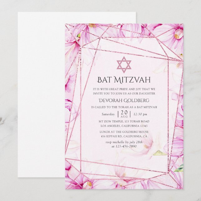 Convite Batalha de Mitzaf Ouro Rosa e Magnólia Rosa Geomét (Frente/Verso)
