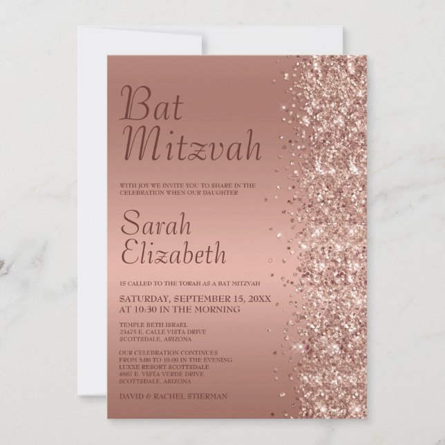 Convite Batalha de Mitzvah com Brilho em Rosa Dourado (Frente)