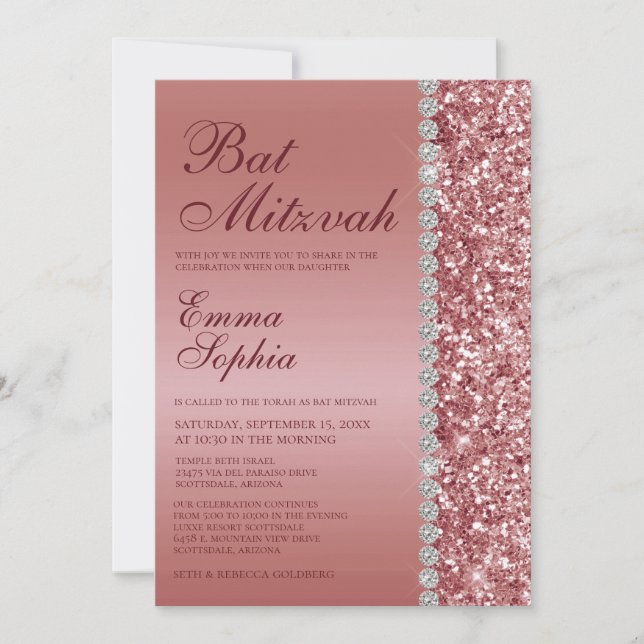 Convite Batalha de Mitzvah com Brilho em Rosa Dourado (Frente)