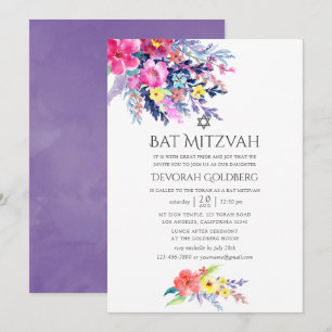 Convite Batalha de Mitzvah Floral Colorida em Aquarela