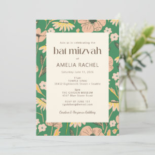 Convite Batalha de Mitzvah Floral de Jardim Verde Rosa Vin