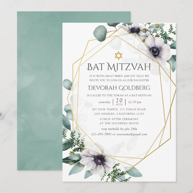 Convite Batalha de Mitzvah Geométrica de Eucalipto Anêmona (Frente/Verso)