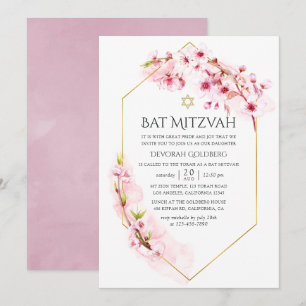 Convite Batalha de Mitzvah Geométrica Rosa Flor de Cerejei