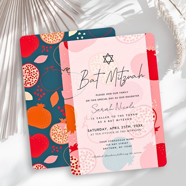 Convite Batalha do Bat Mitzvah com padrão de Romã Rosa (Criador carregado)
