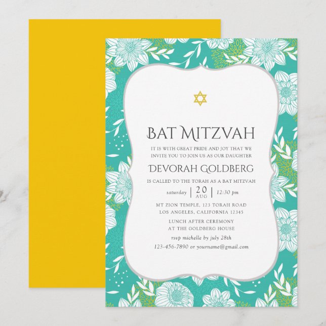 Convite Batalha Floral Amarela e Turquesa Mitzvah (Frente/Verso)