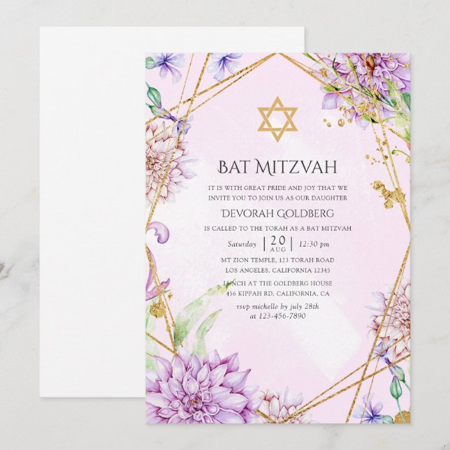 Convite Batalha Mitzvah Floral Geométrica Roxa e Dourada (Frente/Verso)