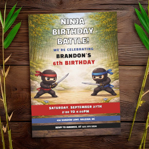 Convite Batalha Ninja Divertida Floresta de Bambu Aniversá