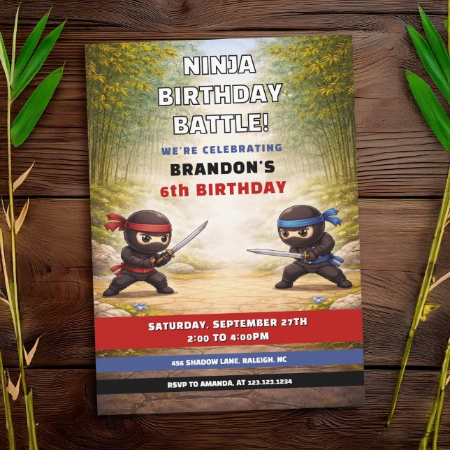 Convite Batalha Ninja Divertida Floresta de Bambu Aniversá (Criador carregado)