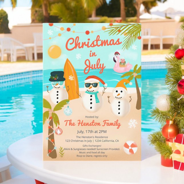 Convite Batedor de neve tropical Natal Palm Natal em julho (Tropical Snowmen floater Palm Christmas in July Invitation)