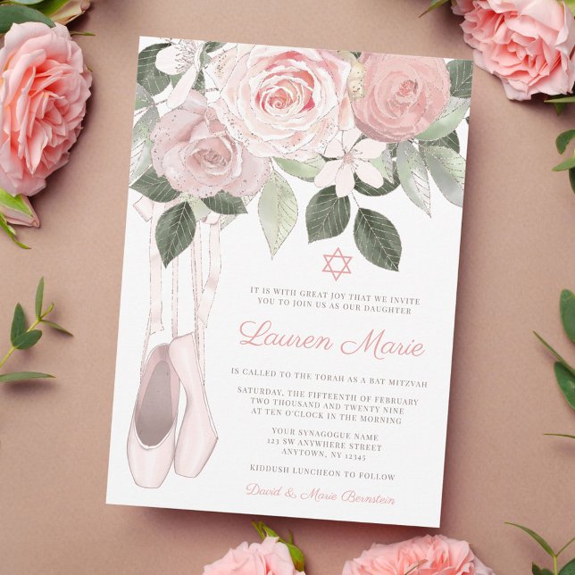 Convite Batem de Mitzvah de Ballet Floral Rosa (Criador carregado)