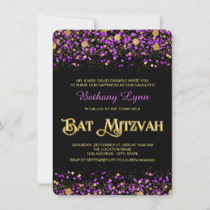 Convite Batem de Mitzvah de brilho roxo e dourado
