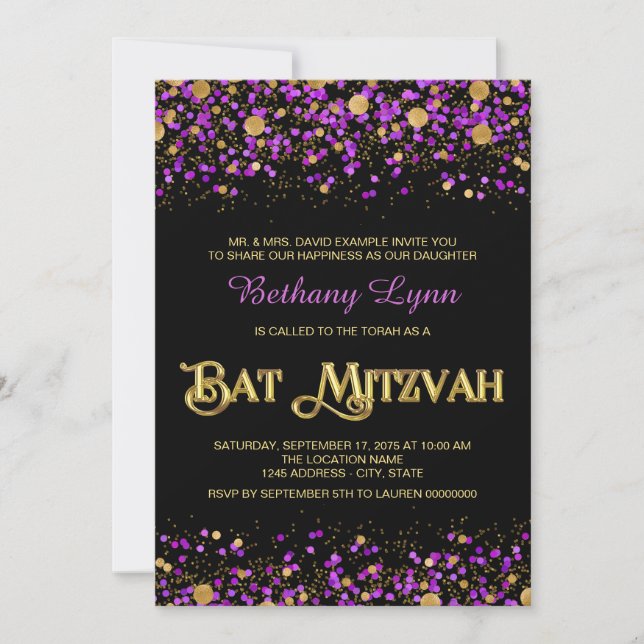 Convite Batem de Mitzvah de Purpurina Dourada e Roxa (Frente)