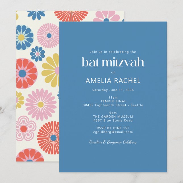 Convite Batem de Mitzvah Escandinavo Boho Folclórico Flor  (Frente/Verso)