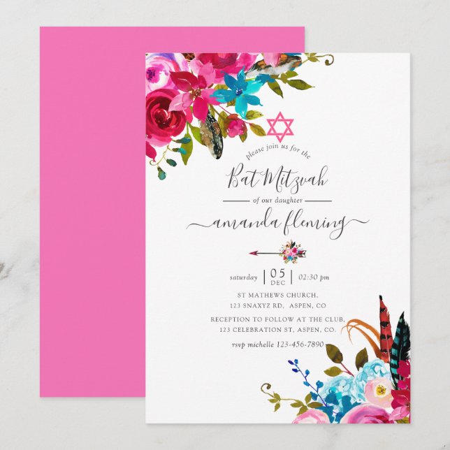 Convite Batem de Mitzvah Floral Boho Chic com Aquarela Ros (Frente/Verso)